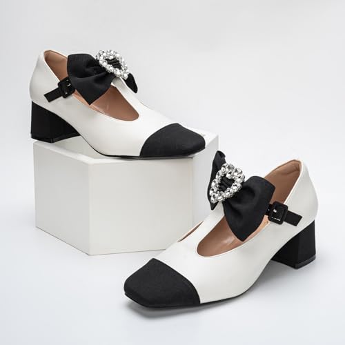 Women's Mary Jane Shoes - Square Toe Ankle T-Strap Chunky Heel Pumps with Glitter Bow Two-Tone Design