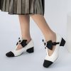 Women's Mary Jane Shoes - Square Toe Ankle T-Strap Chunky Heel Pumps with Glitter Bow Two-Tone Design