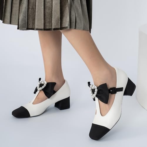 Women's Mary Jane Shoes - Square Toe Ankle T-Strap Chunky Heel Pumps with Glitter Bow Two-Tone Design
