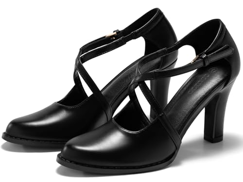 Womens Chunky High Heels Dress Shoes Closed Pointed Toe Cross Strap Buckle Pumps Vintage D'Orsay Party Shoes