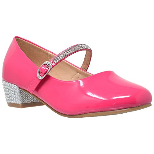 Kids Dress Shoes Low Chunky Heel Mary Jane Girls Pumps Rhinestone Strap