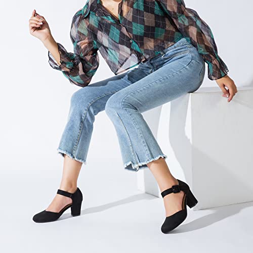 Women's Ankle Strap Pumps Closed Round Toe Buckle Low Chunky Block Heel D'Orsay Sandals Comfortable Dress Wedding Party Office