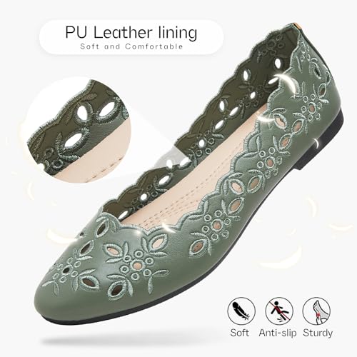 Women's Comfortable Dress Shoes Ballet Flats Slip On Shoes Black Flats Round Toe PU Leather Flats Summer with Floral Eyelets