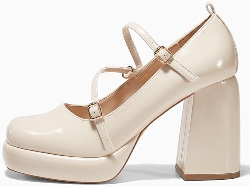 Womens Mary Jane Heels Chunky Platform Loafer Shoes Block Heel Closed Square Toe Pumps Cross Strap High Heel Dress Shoes