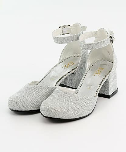 Flower Girls Communion Low Block Dress Silver Shoes Chunky Heels Closed Round Toe Ankle Strap Pump, Size US Little Kid 10