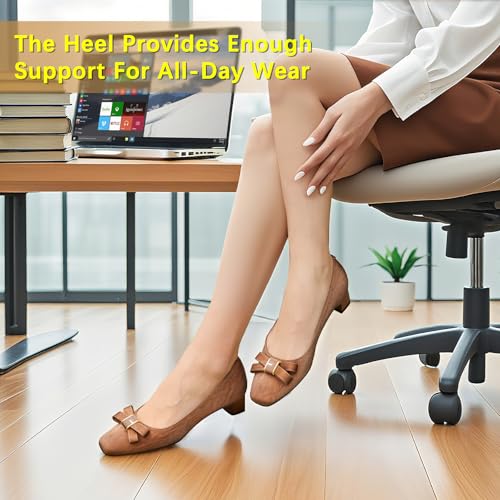 Women Chunky Heels Slip On Casual Pumps Square Toe Bow Knot Closed Toe Shoes