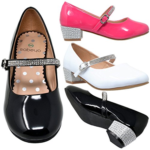 Kids Dress Shoes Low Chunky Heel Mary Jane Girls Pumps Rhinestone Strap