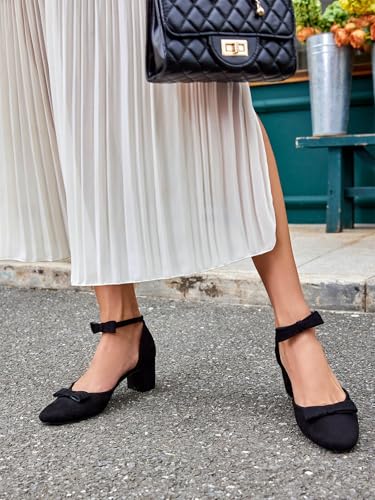 Womens Chunky Low Heels Bow Closed Toe Ankle Strap Pumps Elegant Wedding Party Dress Shoes