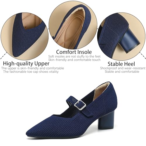 Women's Knit Chunky Heel Pumps with Adjust Buckle Strap Fashion Comfortable Pointed Toe Block Heels Mary Janes Pumps for Party