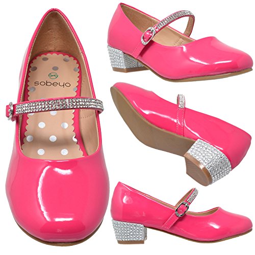 Kids Dress Shoes Low Chunky Heel Mary Jane Girls Pumps Rhinestone Strap