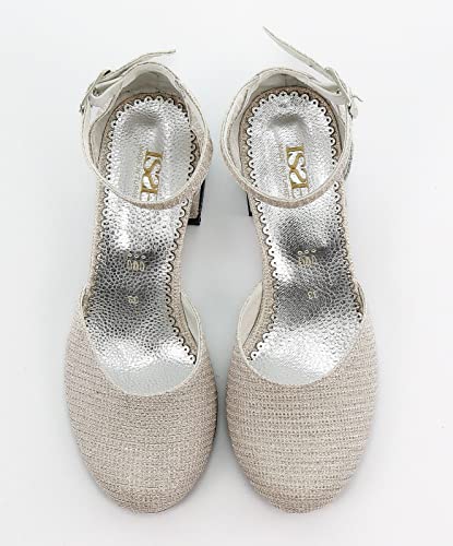 Flower Girls Communion Low Block Dress Cream and Gold Shoes Chunky Heels Closed Round Toe Ankle Strap Pump, Size US Little Kid