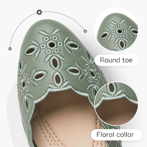 Women's Comfortable Dress Shoes Ballet Flats Slip On Shoes Black Flats Round Toe PU Leather Flats Summer with Floral Eyelets