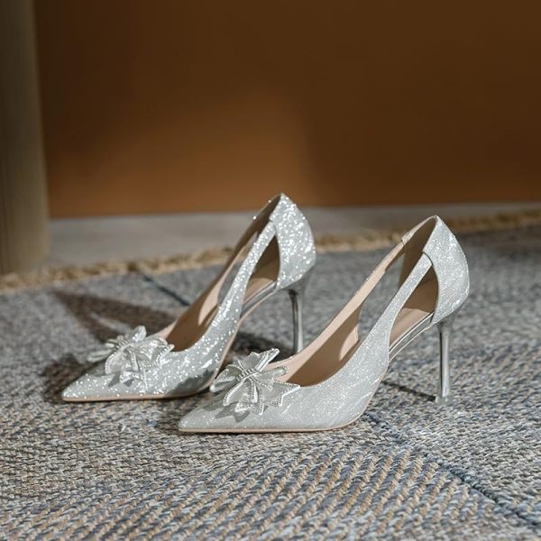 Women's Bow Closed Pointed Toe Pumps Slip on Office Work Dress Shoes Closed Pointy Toe Sexy Chunky High Heels